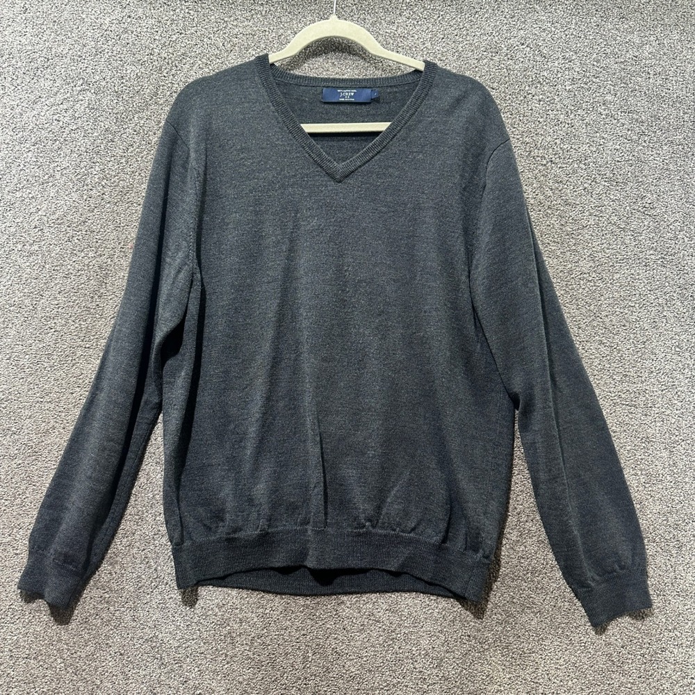 J Crew Pullover V Neck Sweater Men Large Gray 100% Merino Wool‎ Preppy Classic